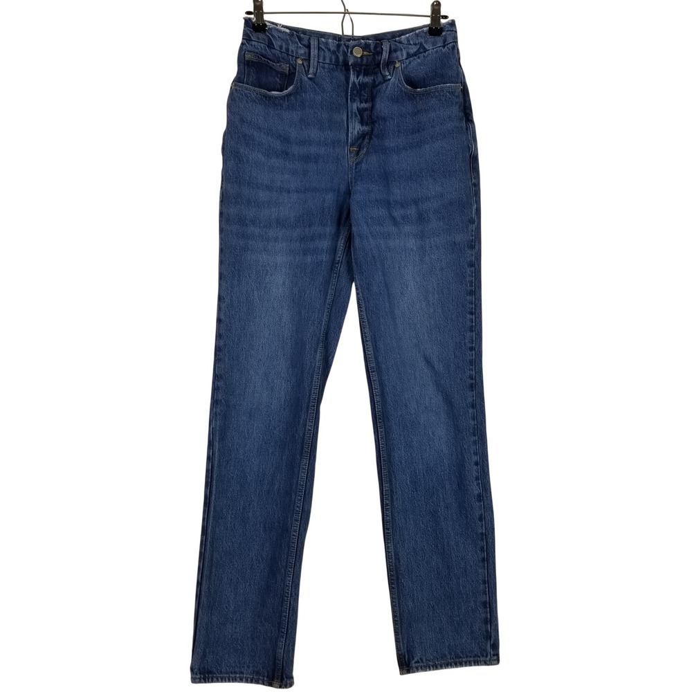 Good American Straight Leg Jeans Womens 4/27 Blue High Rise Raw Edge GNIC999T